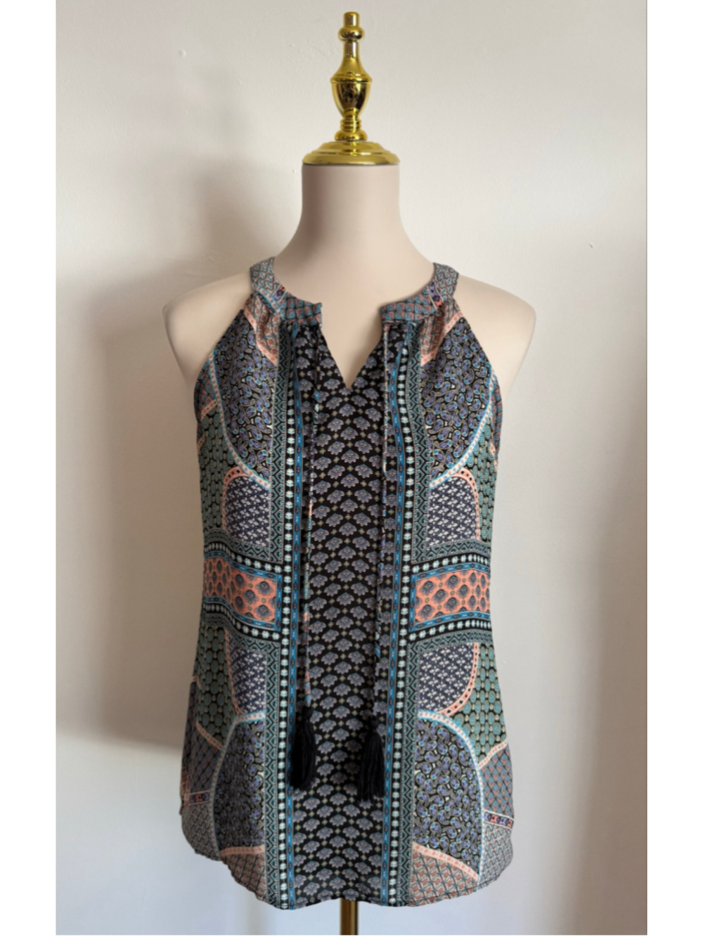 Women's Rose & Olive Tank Top XS Black Blue Patterned Sleeveless